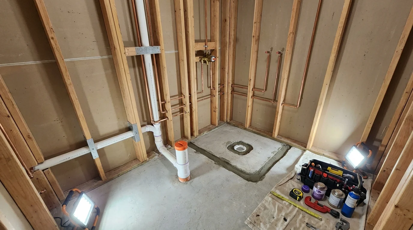 Bathroom rough-in plumbing during remodel by Johns Plumbing LLC in Metuchen
