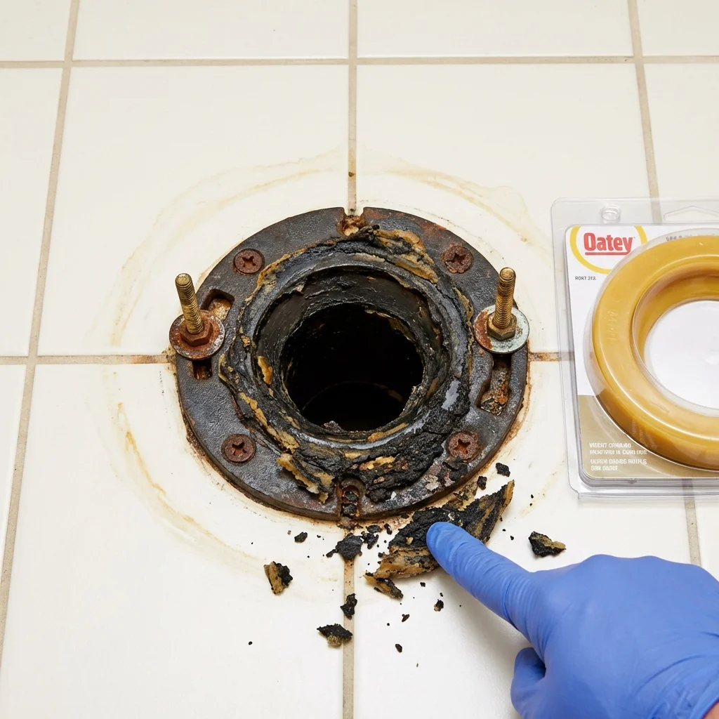 Failed wax ring showing water seepage at the base of a toilet in a Metuchen, NJ home